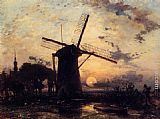 Windmill, Paintings - Boatman by a Windmill at Sundown by Johan Barthold Jongkind